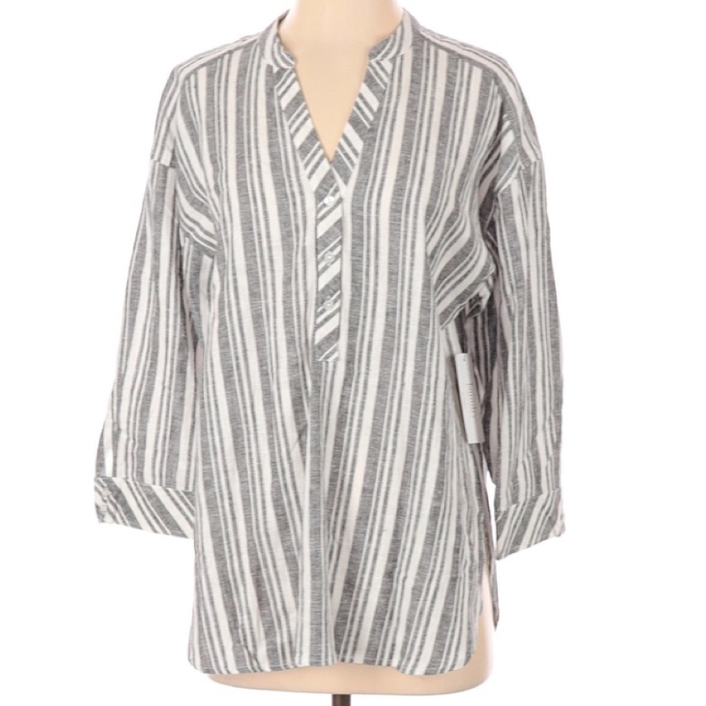 Laundry by Shelli‎ Segal gray white linen blend top blouse small NWT career work